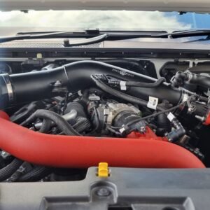 Next Gen Ranger Raptor engine bay with Process West air intake and wrinkle red intercooler piping