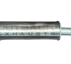 Stainless steel exhaust muffler section with mounting brackets on white background