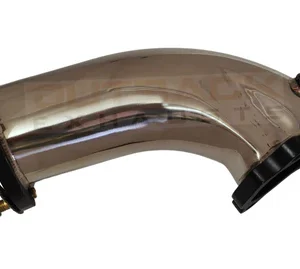 Polished stainless steel turbo dump pipe with multi-bolt flange and welded fittings