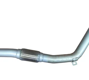 Silver mandrel-bent exhaust pipe with flex joint and flanged ends.