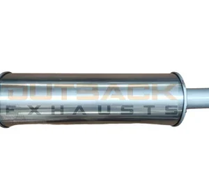 Silver cylindrical exhaust muffler with inlet flange and angled outlet pipe.