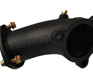 Black coated turbo dump pipe for Mitsubishi Pajero NS 3.2L 4M41, shown with mounting flange and bolts – Outback Exhausts.
