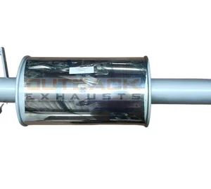 Silver exhaust pipe with polished muffler and mounting brackets