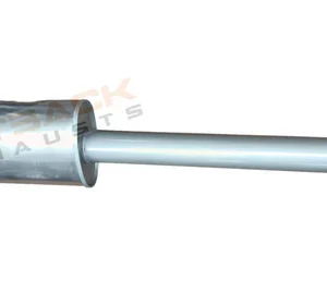 Stainless steel exhaust pipe with welded muffler and mounting hangers on white background