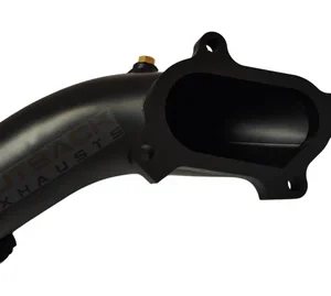 Black high-flow turbo dump pipe with multi-bolt flange for diesel 4x4 exhaust systems.