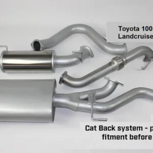 Toyota LandCruiser 100 Series 4.7L V8 Cat-Back Exhaust System Components Complete cat-back exhaust system for Toyota LandCruiser 100 Series 4.7L V8 including mufflers and mandrel-bent piping