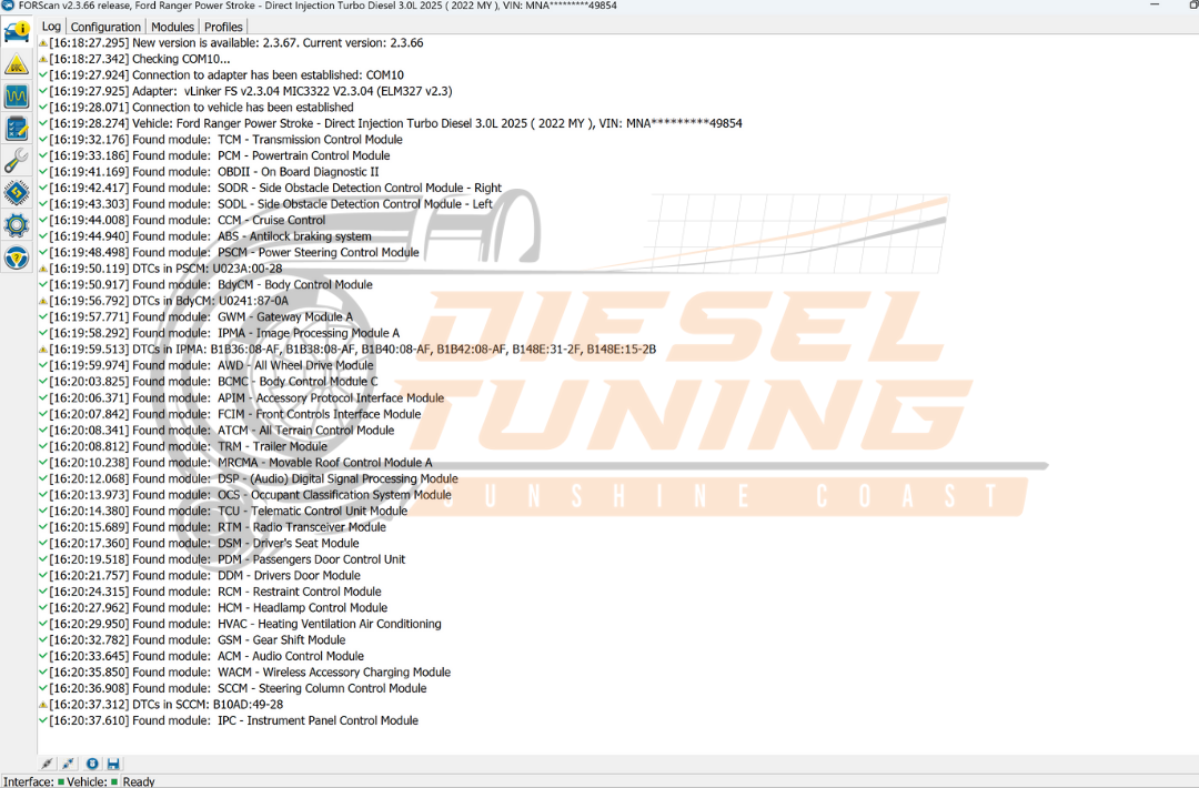 FORScan module list showing available control modules after scanning the vehicle (Amarok/Ranger platform).