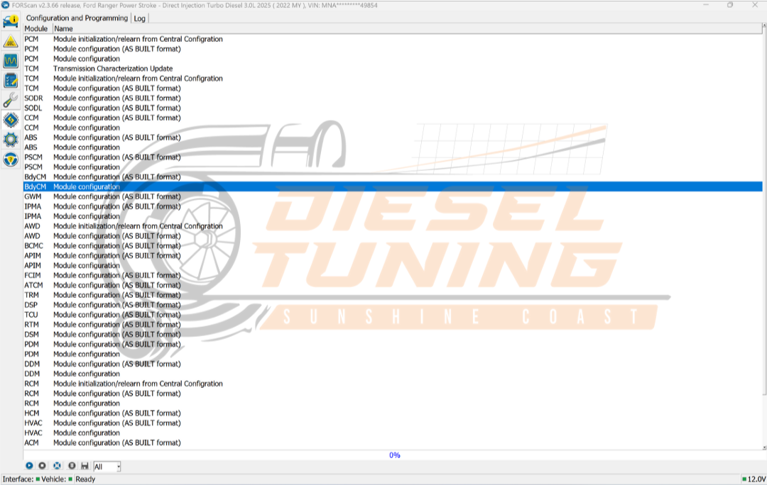 BdyCM configuration showing BMW/Start Stop set to Disabled.
