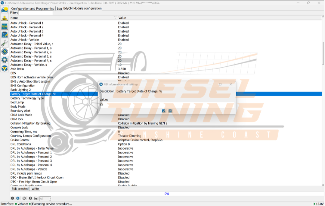 FORScan write confirmation window showing pending BdyCM configuration changes before applying.