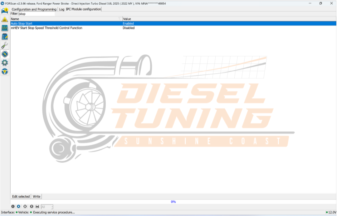 APIM (infotainment) configuration showing Start Stop Option Enable set to Disabled.