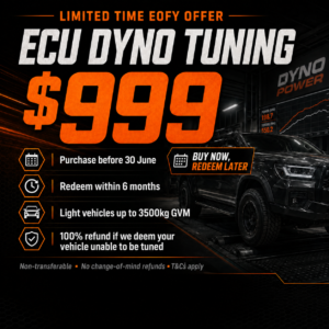 EOFY ECU dyno tuning offer for $999, available for eligible light vehicles up to 3500kg GVM with purchase before 30 June and redemption within 6 months.