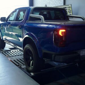 Blue Ford Ranger on a dyno at Sunshine Coast Diesel Tuning for ECU tuning and performance testing.